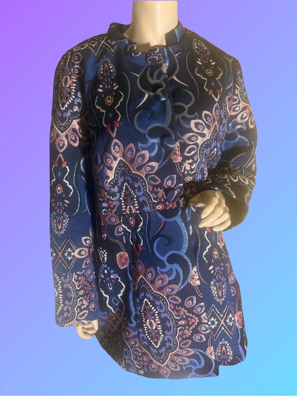 Chico's Navy Paisley Trench Coat with Pink & Cream Accents